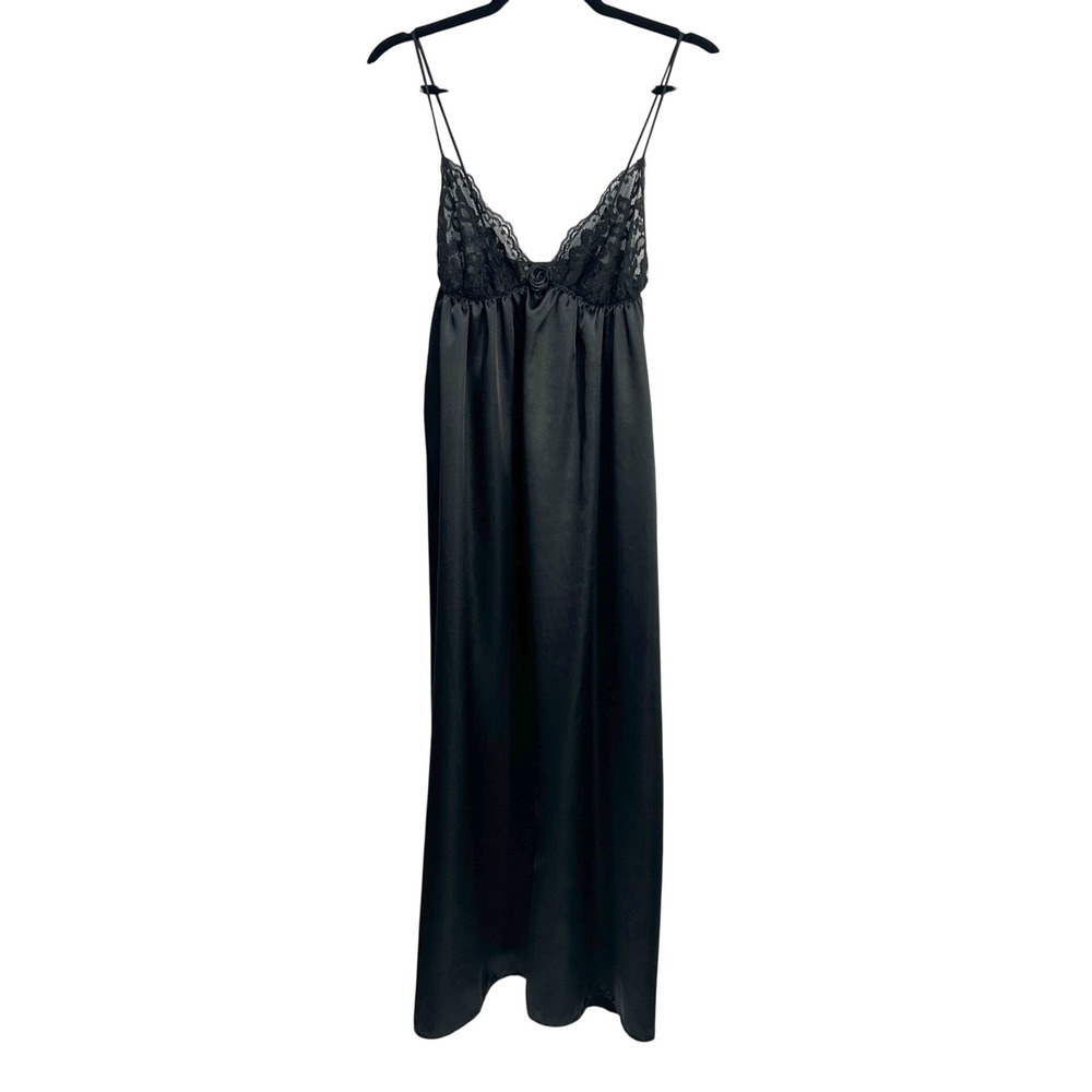 Black Satin Lace Babydoll Full Length Slip Dress Gown Lingerie XS/S Romantic
